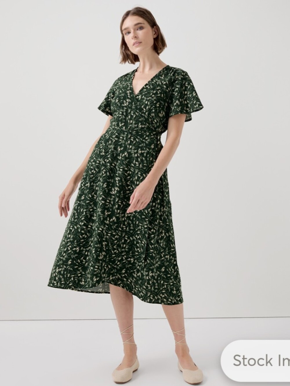 Pact Faux Wrap Dress Midi Cafe Crepe Womens XL Green Organic Cotton Floral Fairy